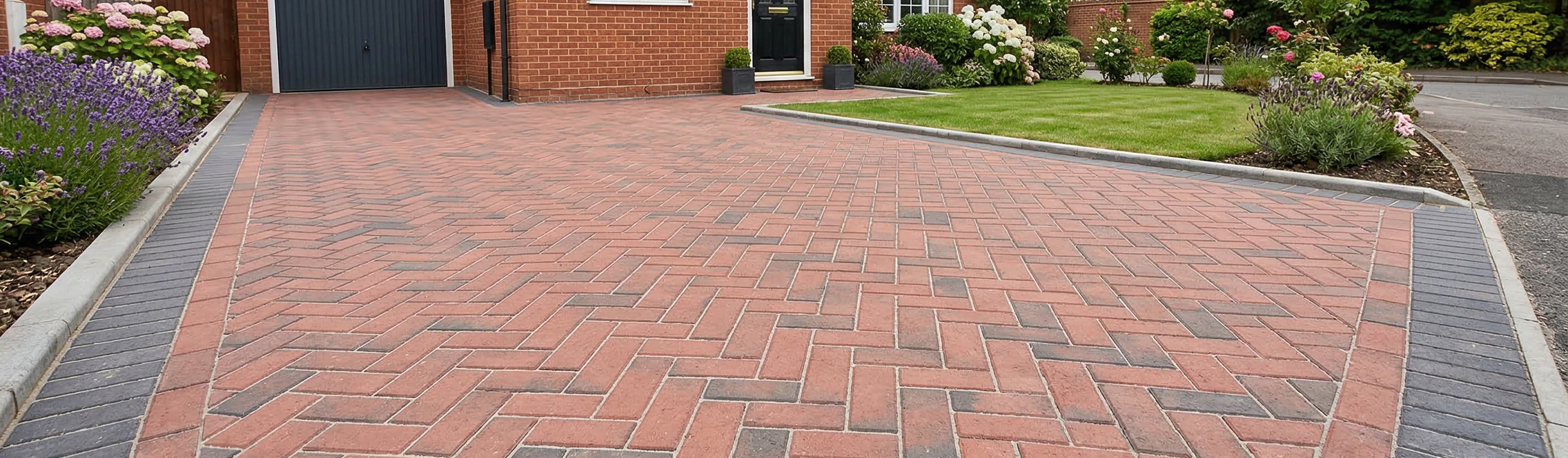 Immaculate herringbone block paving driveway with stabilized joint sand in front of a UK house.
