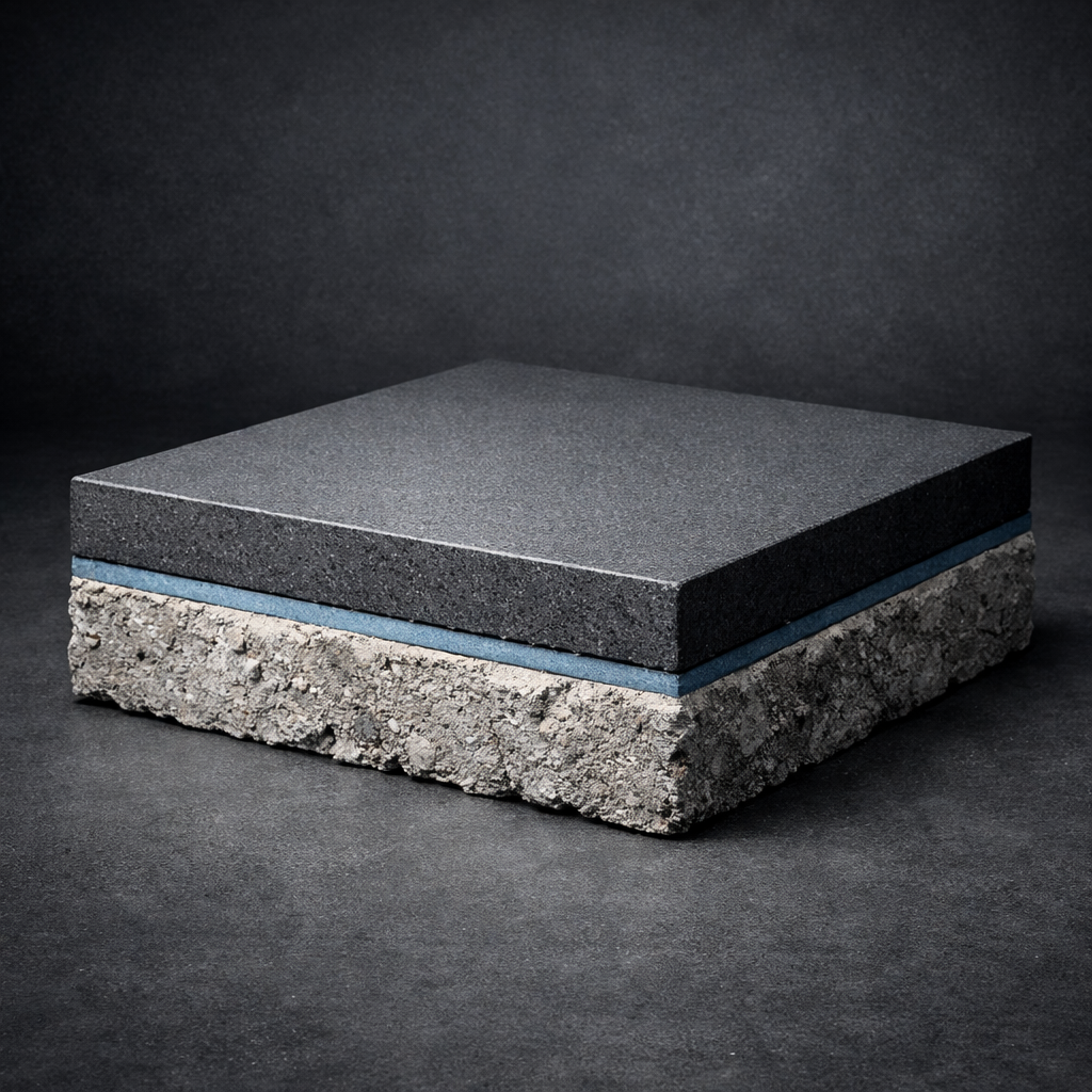 Square concrete block with layered structure on a dark background