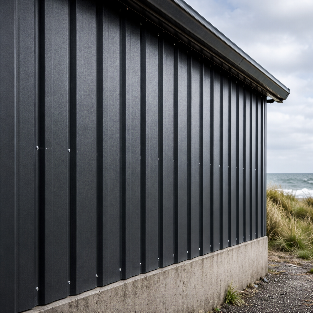 Modern building with black metal siding by the ocean