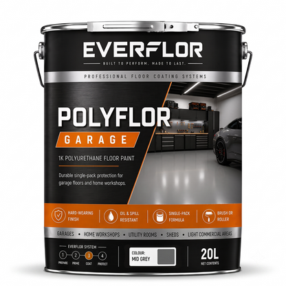 A 20L can of EverFlOR PolyFlOR Garage floor paint in mid grey, shown on a clean white background. The can features a black and orange label with product details, application icons, and a garage interior photo.