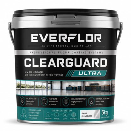 A 5kg bucket of Everflor Clearguard Ultra 2K Polyasphartic Clear Topcoat floor coating, featuring a black and silver label with teal accents and a photo of a polished showroom floor.