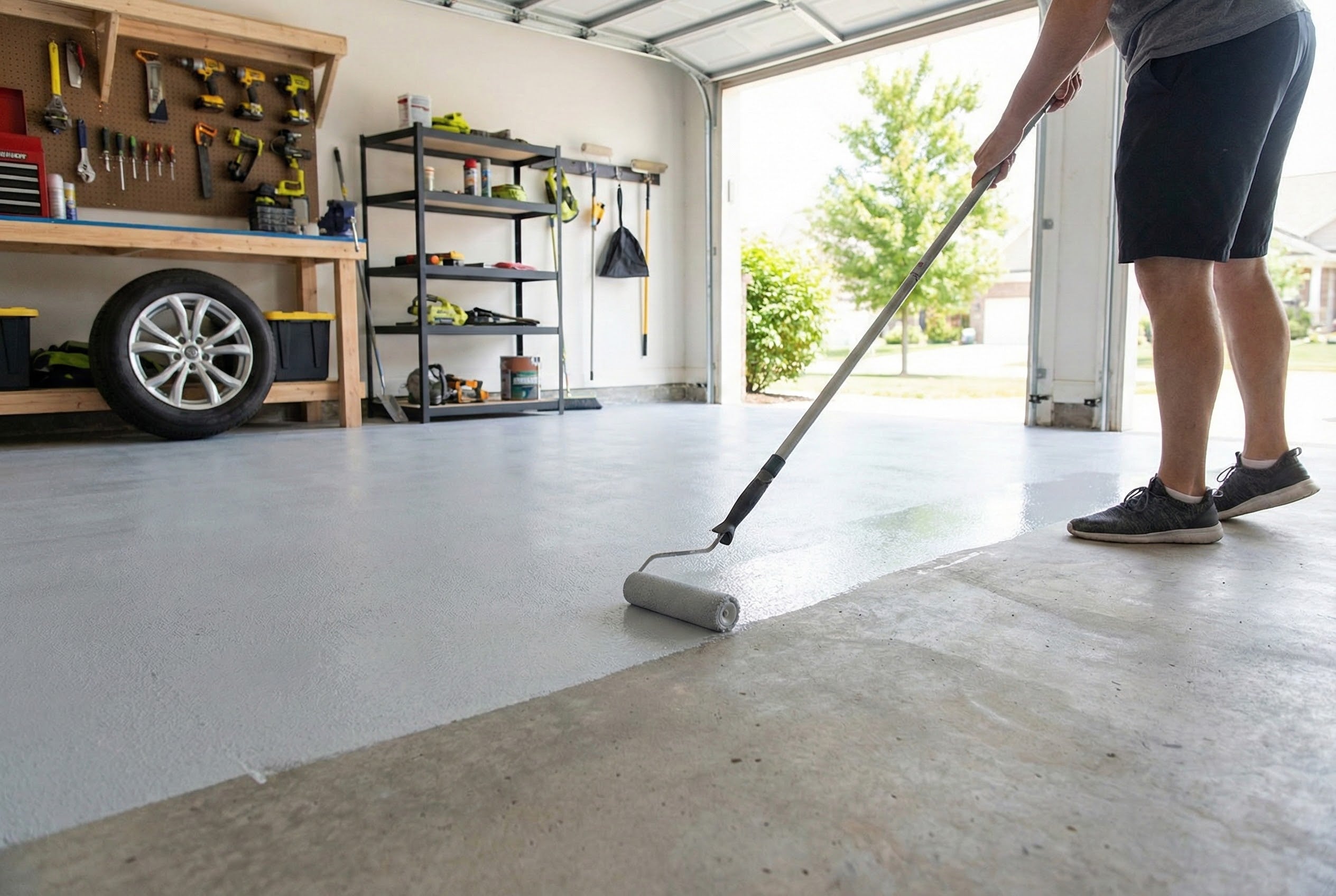 Person rolling out a new garage floor in a well-lit garage.