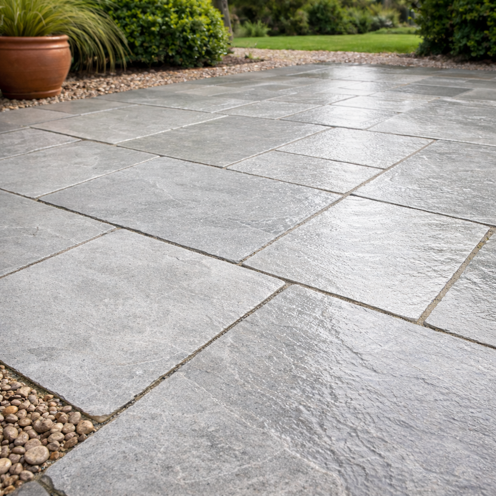 Gray stone patio with a pot of plants and grass in the background