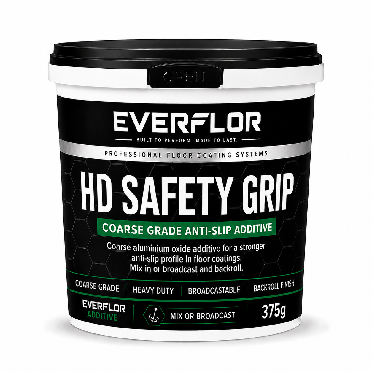 A 375g bucket of Everflor HD Safety Grip Coarse Grade Anti-Slip Additive, featuring a black and white label with green accents, on a white background.