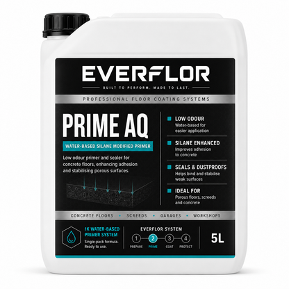 A 5L white plastic bottle of Everflor Prime AQ water-based silane modified primer with a black cap and a black and white label with teal accents, on a white background.