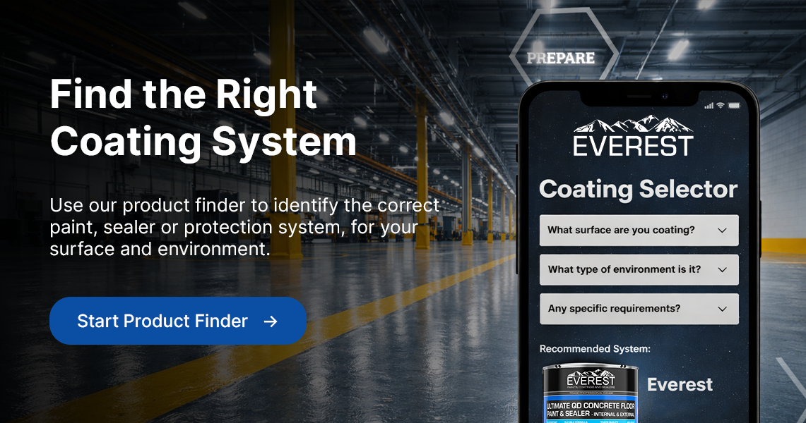Everest Coating Selector app on a smartphone with a warehouse background